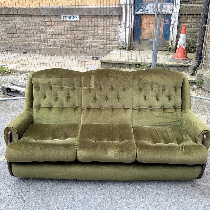 Mid Century Green Velvet Three-Seater Sofa – photograph 9