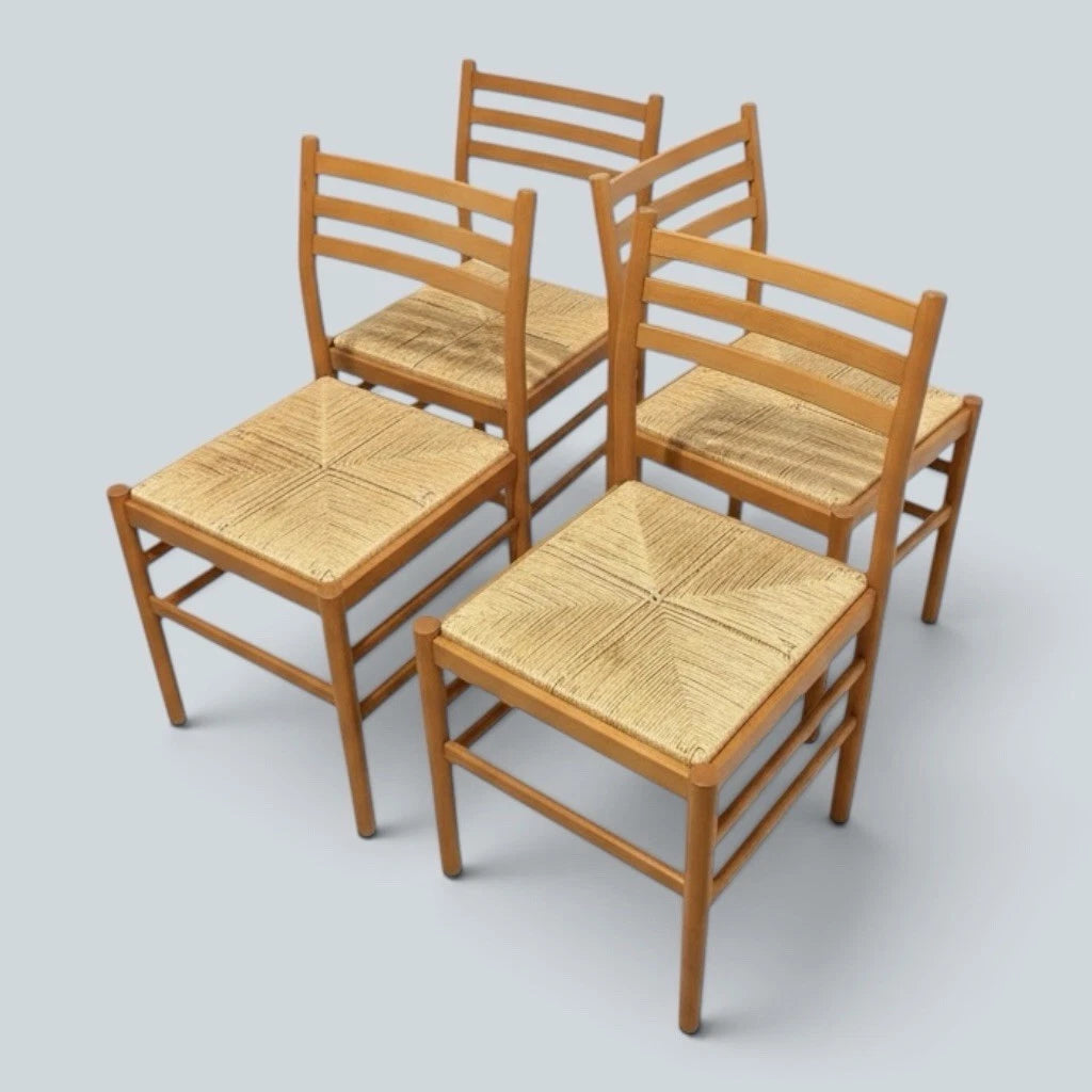 Mid Century Italian Beech & Rush Ladderback Dining Chairs – Set of Four – view 2