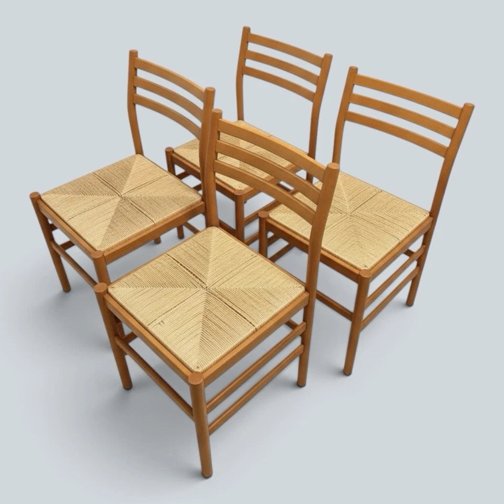 Mid Century Italian Beech & Rush Ladderback Dining Chairs – Set of Four – view 3