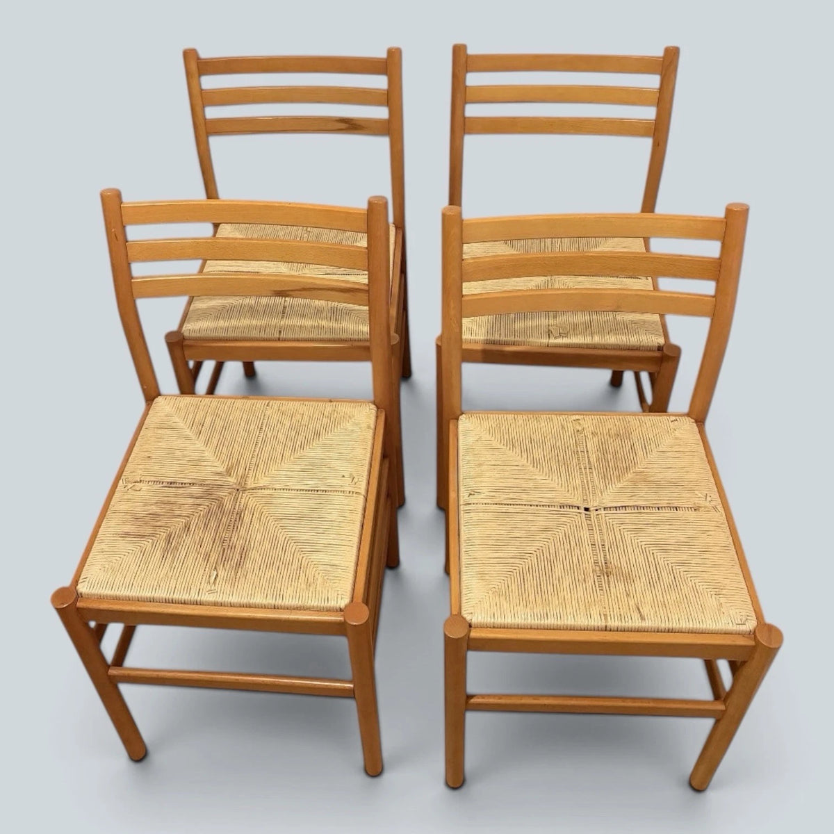 Mid Century Italian Beech & Rush Ladderback Dining Chairs – Set of Four – view 4