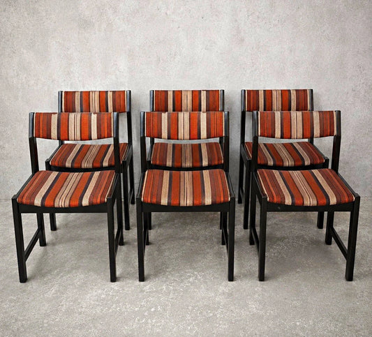 Danish Mid Century Dining Chairs in Original Striped Upholstery – Set of Six – view 1