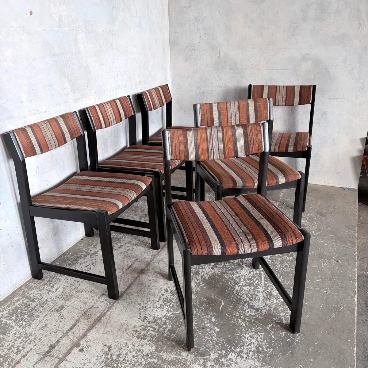 Danish Mid Century Dining Chairs in Original Striped Upholstery – Set of Six – view 7