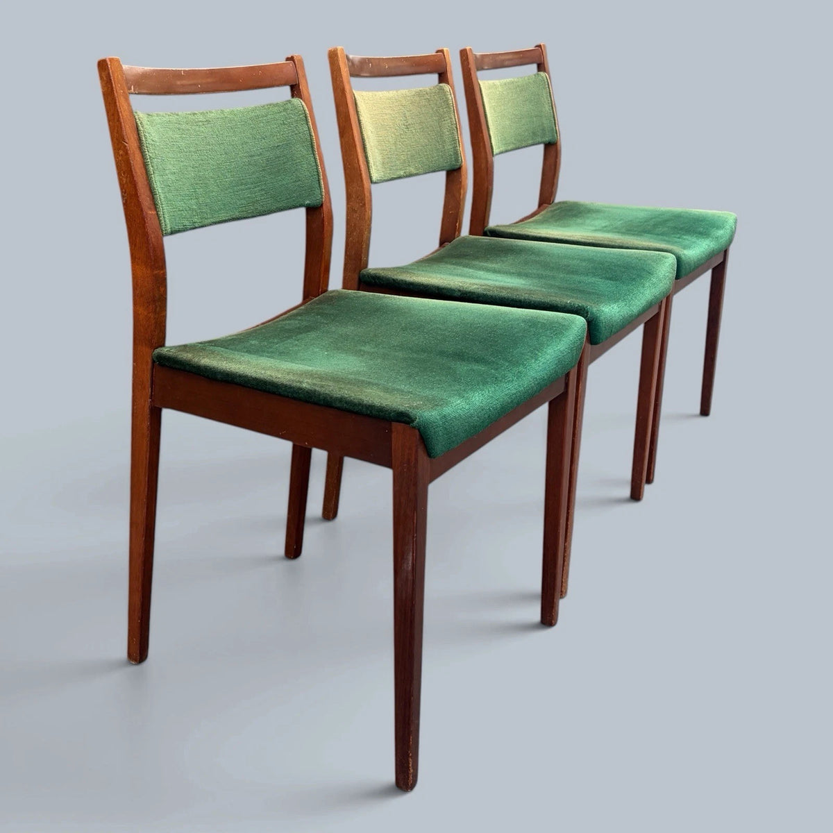 G Plan E Gomme Teak Dining Chairs with Green Upholstery – Set of Three – view 2
