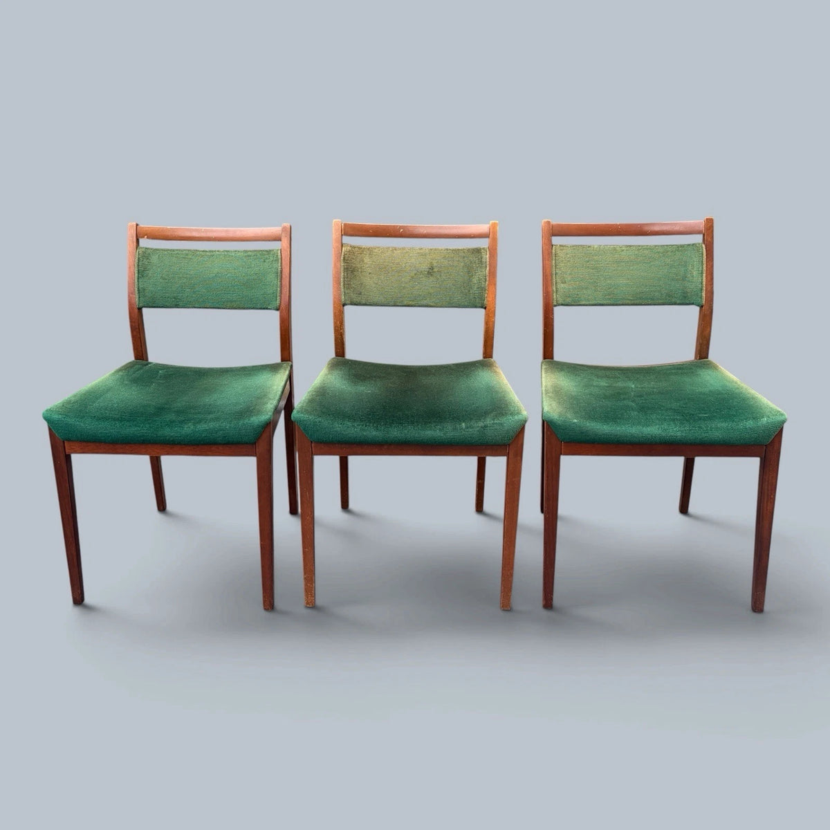 G Plan E Gomme Teak Dining Chairs with Green Upholstery – Set of Three – view 4