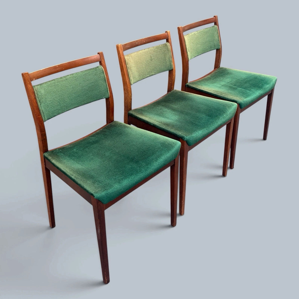 G Plan E Gomme Teak Dining Chairs with Green Upholstery – Set of Three – view 5
