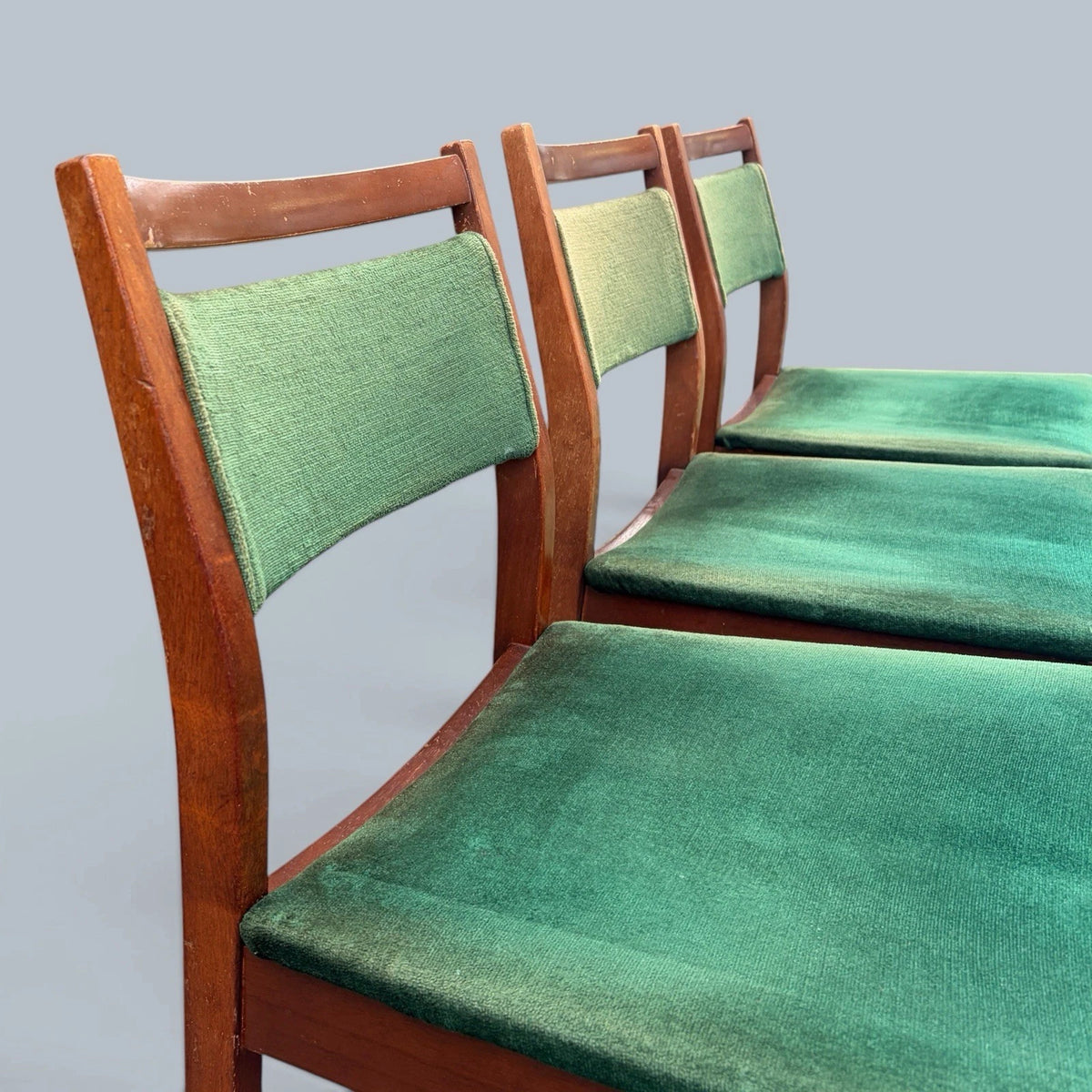 G Plan E Gomme Teak Dining Chairs with Green Upholstery – Set of Three – view 6