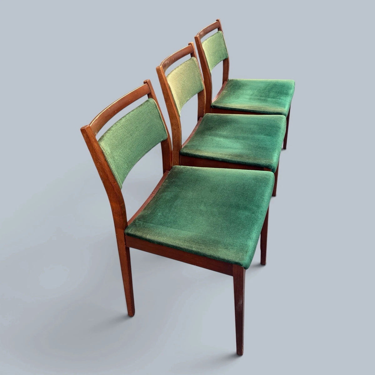 G Plan E Gomme Teak Dining Chairs with Green Upholstery – Set of Three – view 7
