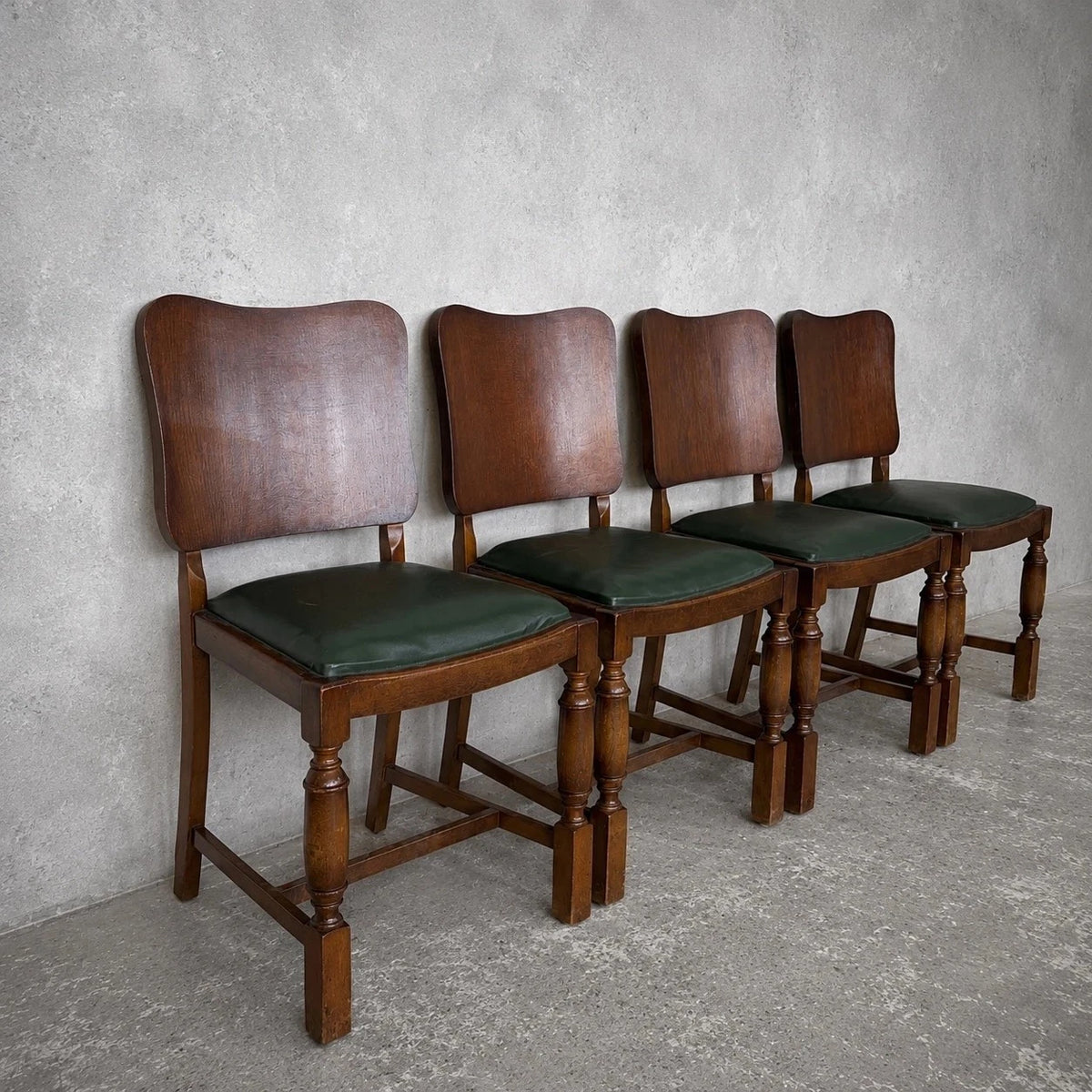 Arts & Crafts Oak Dining Chairs with Green Vinyl Seats – Set of Four – view 1