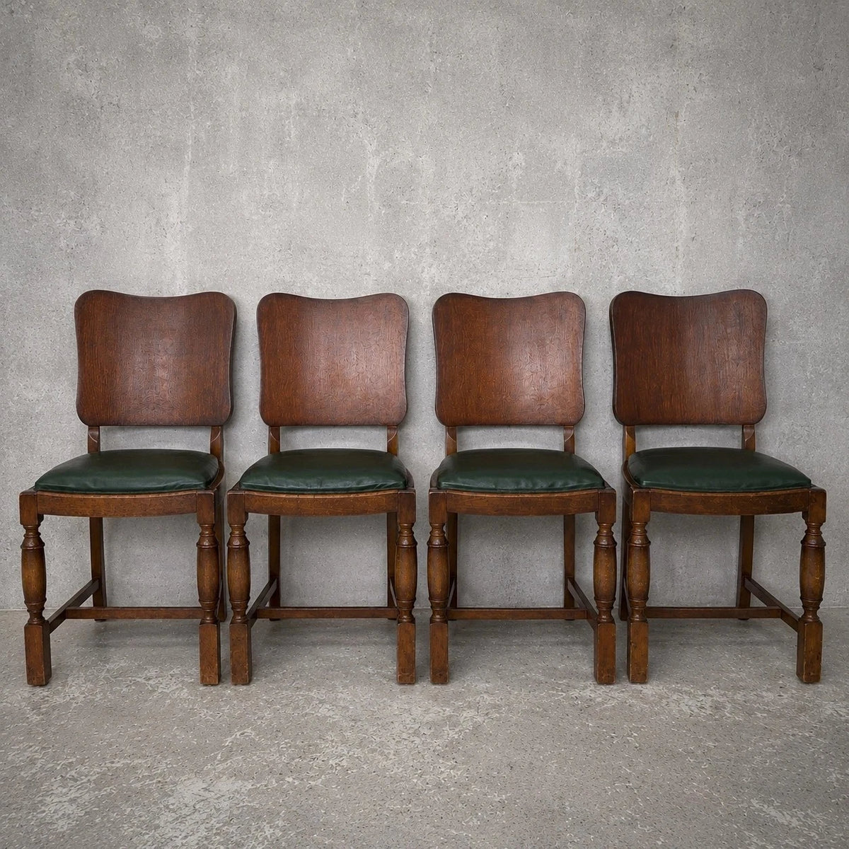 Arts & Crafts Oak Dining Chairs with Green Vinyl Seats – Set of Four – view 2