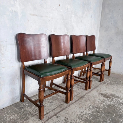 Arts & Crafts Oak Dining Chairs with Green Vinyl Seats – Set of Four – view 3