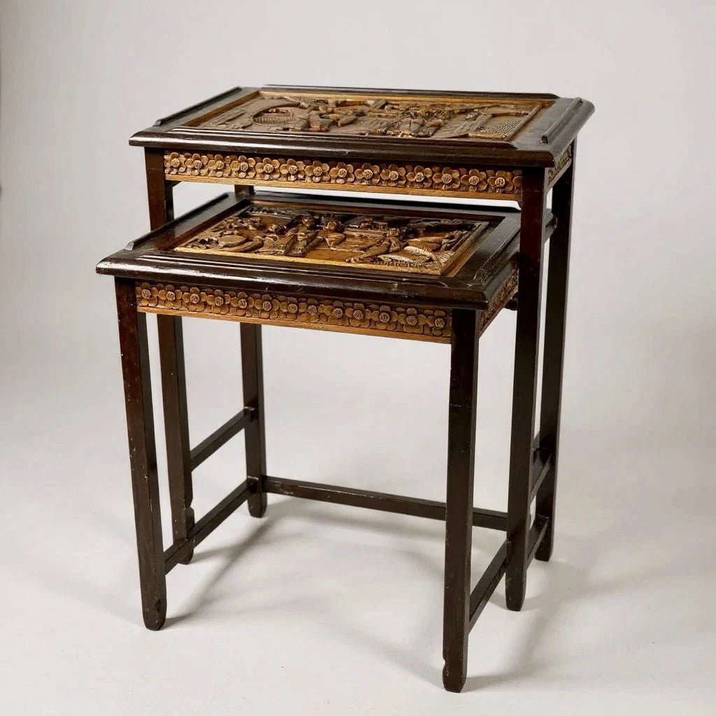 Antique Chinese Carved Camphor Wood Nesting Tables – Pair – view 1