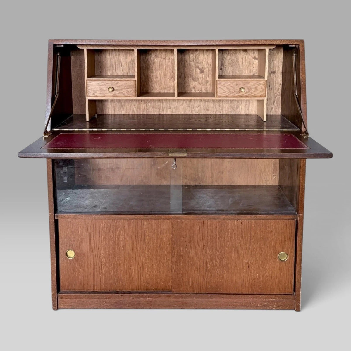 Mid Century Tiger Oak Bureau Display Cabinet – view 1