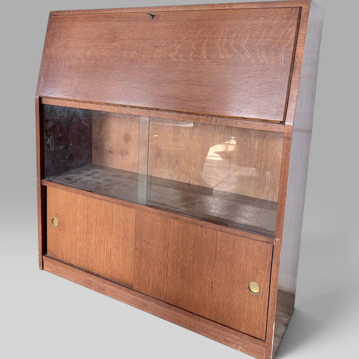Mid Century Tiger Oak Bureau Display Cabinet – view 3