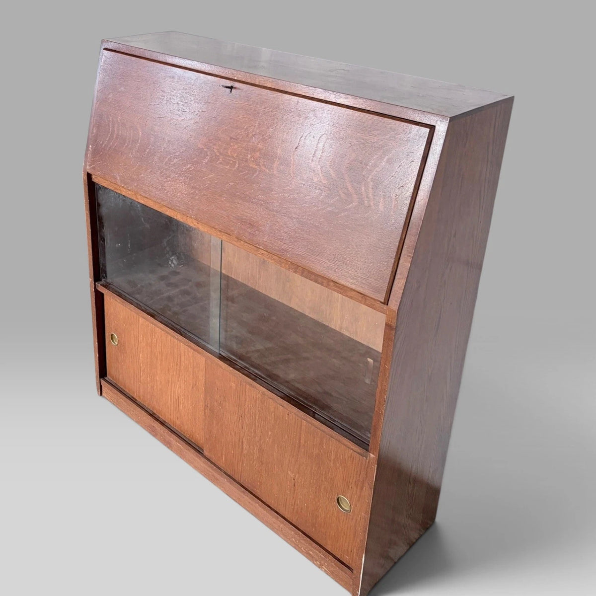 Mid Century Tiger Oak Bureau Display Cabinet – view 5