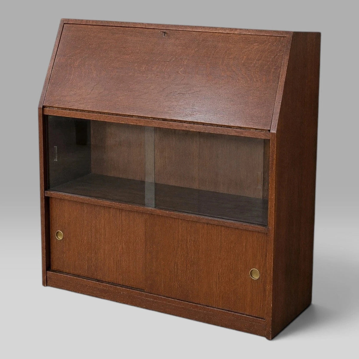 Mid Century Tiger Oak Bureau Display Cabinet – view 6