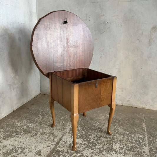 Vintage Walnut Sewing Box Side Table | Round Craft Storage Table – vintage furniture photograph 1