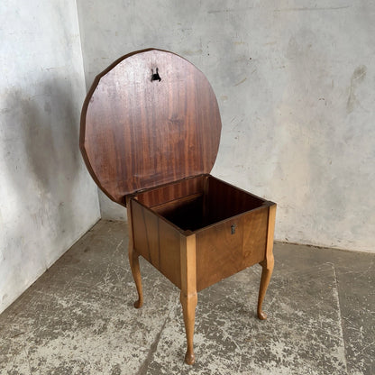 Vintage Walnut Sewing Box Side Table | Round Craft Storage Table – vintage furniture photograph 2