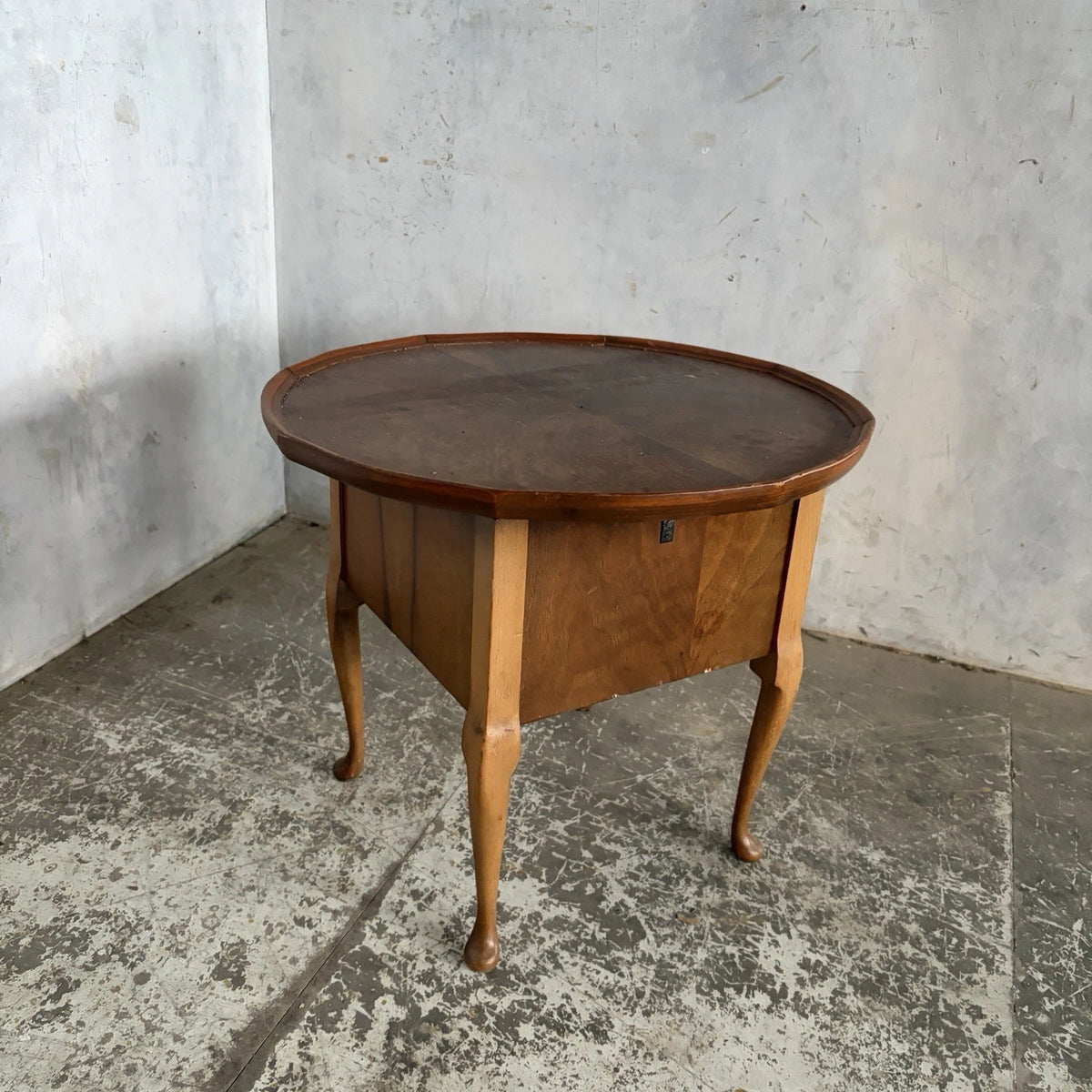Vintage Walnut Sewing Box Side Table | Round Craft Storage Table – vintage furniture photograph 3