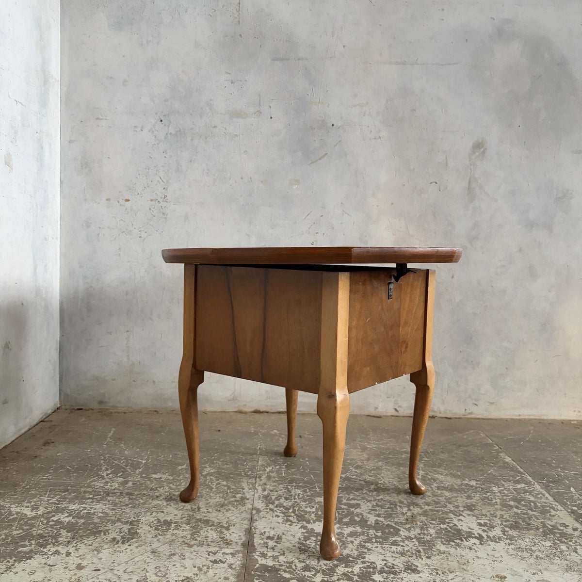 Vintage Walnut Sewing Box Side Table | Round Craft Storage Table – vintage furniture photograph 4