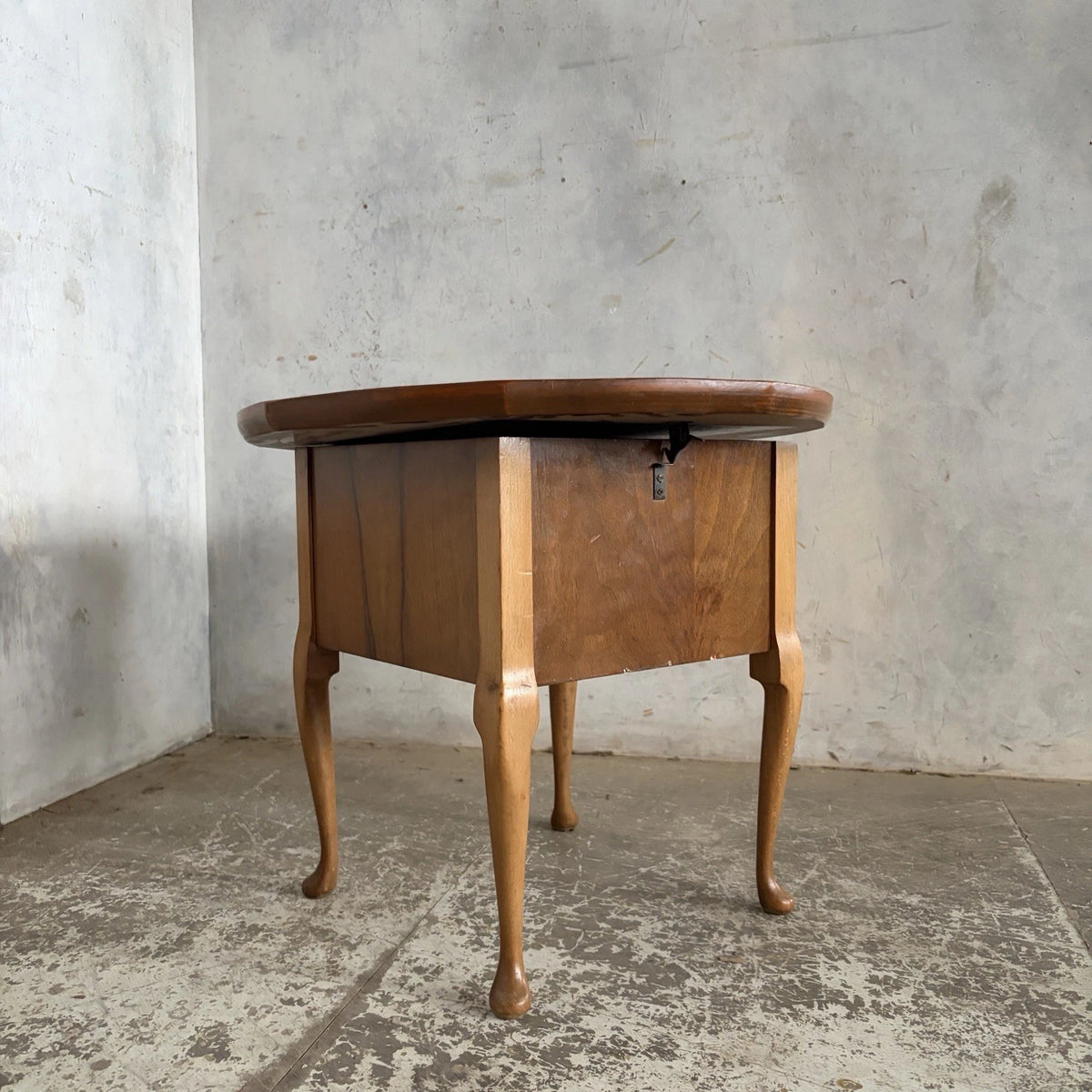 Vintage Walnut Sewing Box Side Table | Round Craft Storage Table – vintage furniture photograph 5