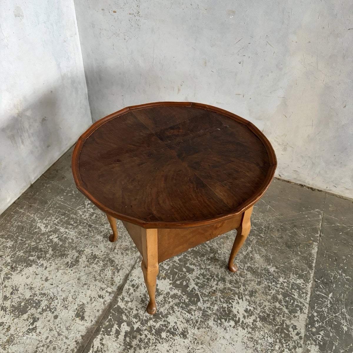 Vintage Walnut Sewing Box Side Table | Round Craft Storage Table – vintage furniture photograph 6