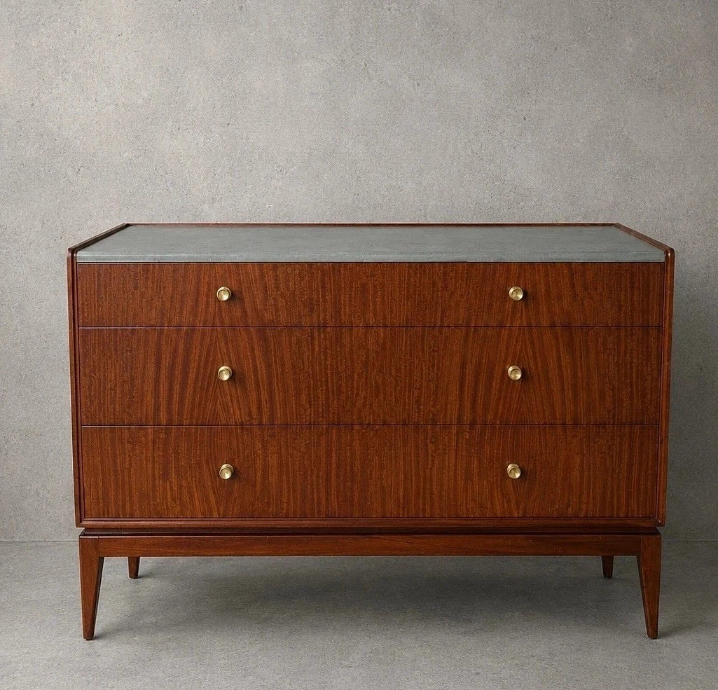 Mid Century Walnut & Blue Plush Top Compact Chest of Drawers Cabinet – vintage furniture photograph 1