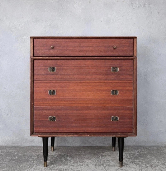 Mid Century Beautility Walnut & Teak Chest of Drawers with Brass Capped Legs – vintage furniture photograph 1