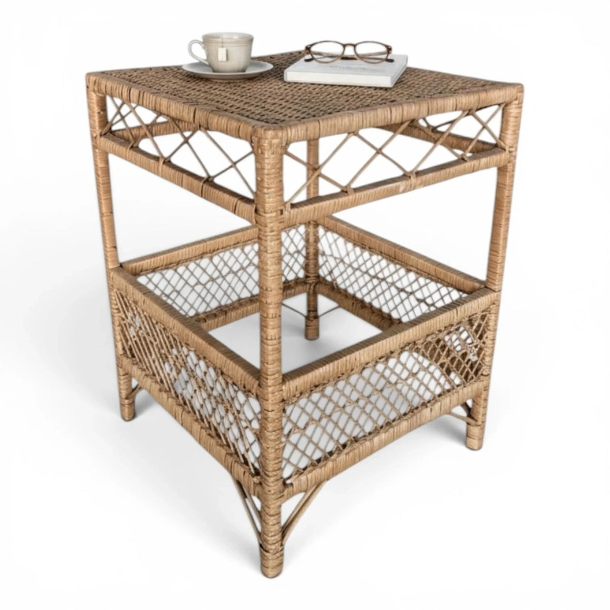 Mid Century Bamboo & Wicker Side Table with Shelf - view 6
