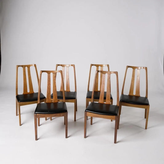 Mid Century Modern Nathan Teak and Black Vinyl Set of Six Dining Chairs