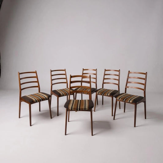 Set of 6 Mid Century Modern Danish Teak Dining Chairs | Original Fabric Upholstery