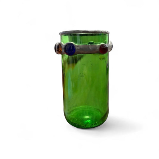 Vintage Green Glass Vase with Pewter Rim | Coloured Jewel Cabochons