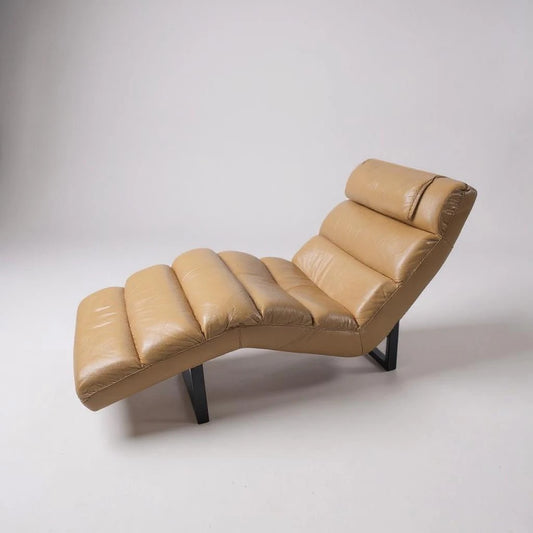 Mid Century Beige Leather Chaise Lounge Chair | Vintage Retro Lounge Chair with Wood Legs
