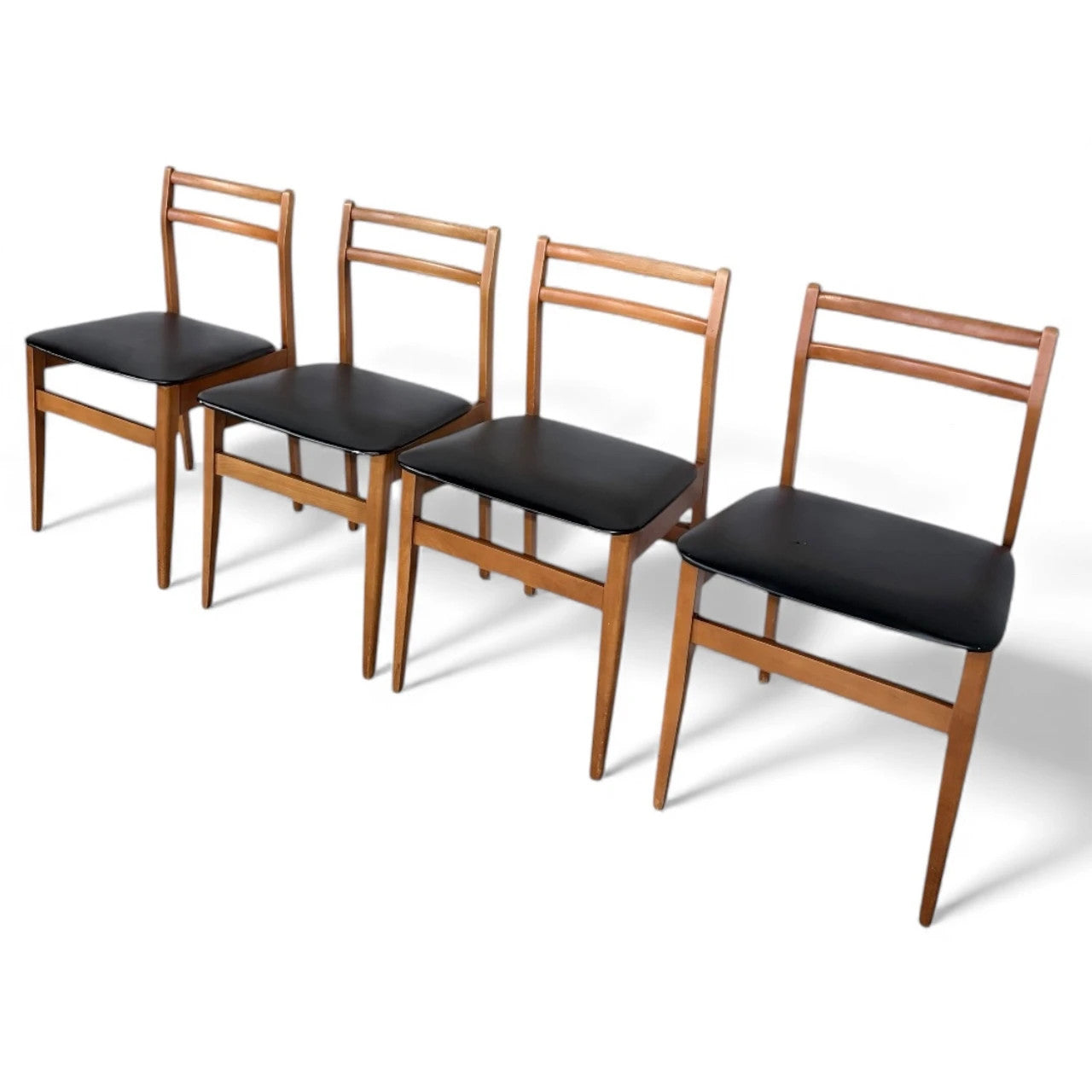 Set of 4 Mid-Century Beech Dining Chairs with Black Vinyl Seats