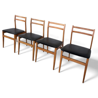 Set of 4 Mid-Century Beech Dining Chairs with Black Vinyl Seats