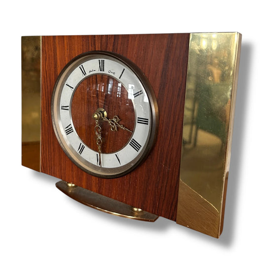 Mid Century Modern Teak Wood and Brass Table Clock