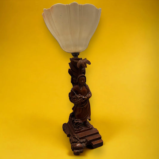 Vintage 1960s Carved Wood Asian Lady Lamp