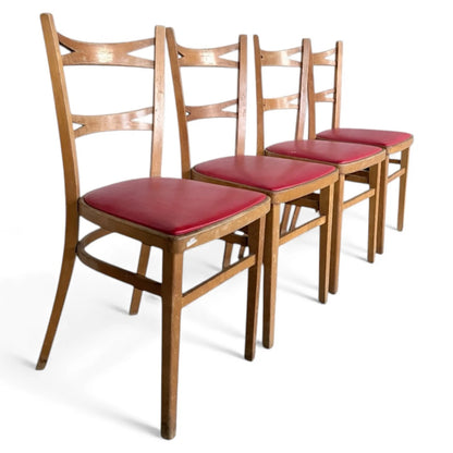 Set of 4 Vintage Dining Chairs with Red Vinyl Seats – 1950s Retro