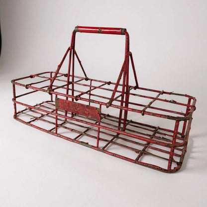 Vintage French Red Metal Milk Bottle Rack – Industrial Farmhouse Bottle Carrier