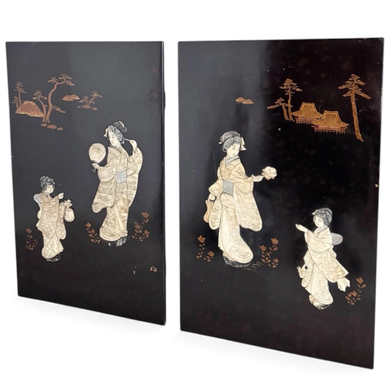 Pair of Vintage Japanese Mother-of-Pearl Panels – Ebonised Wood