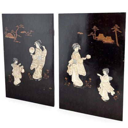 Pair of Vintage Japanese Mother-of-Pearl Panels – Ebonised Wood