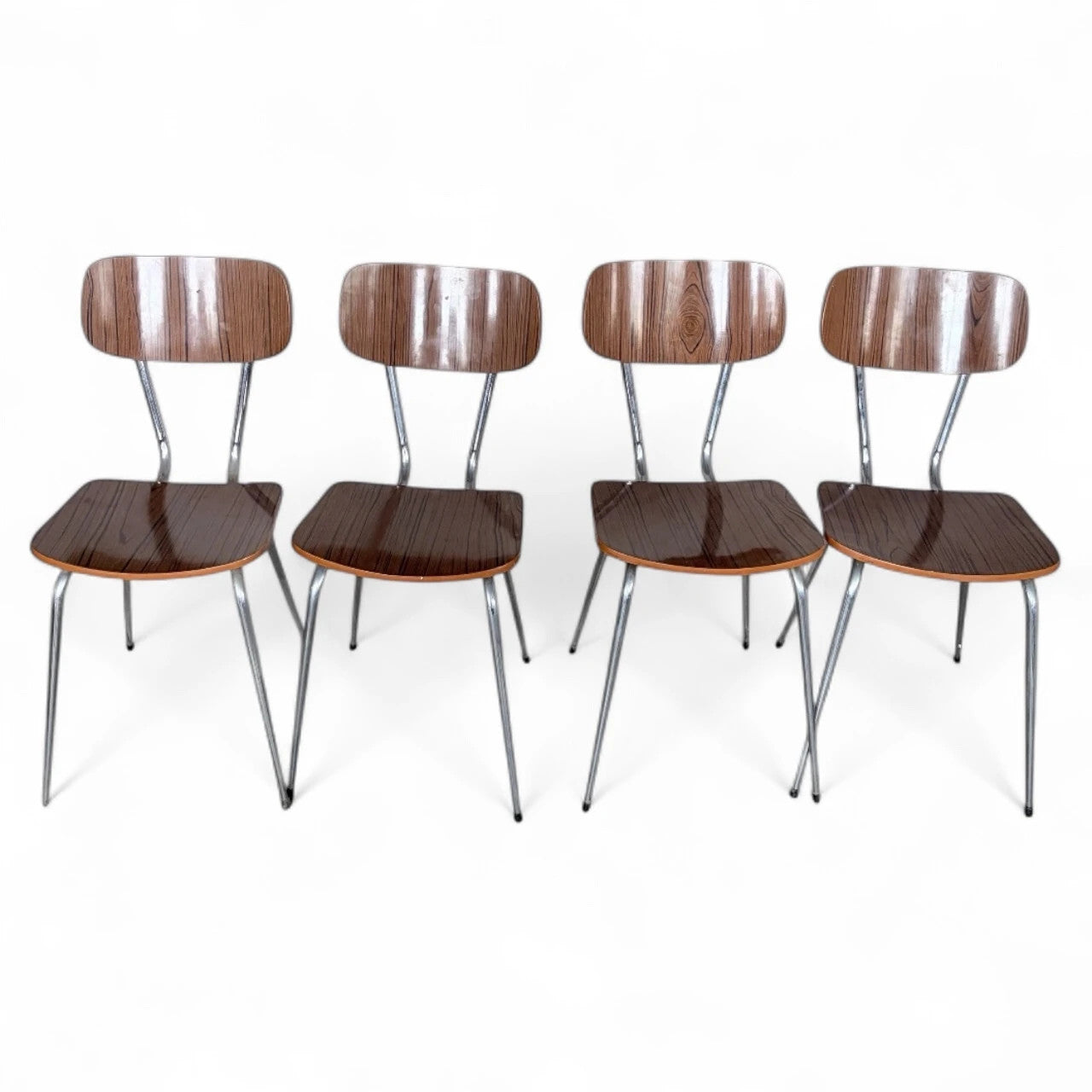 Set of Four Brown Formica Dining Chairs | Mid-Century Modern | Chrome Legs