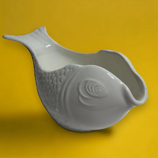 Vintage 1980s Ceramic White Fish Pot