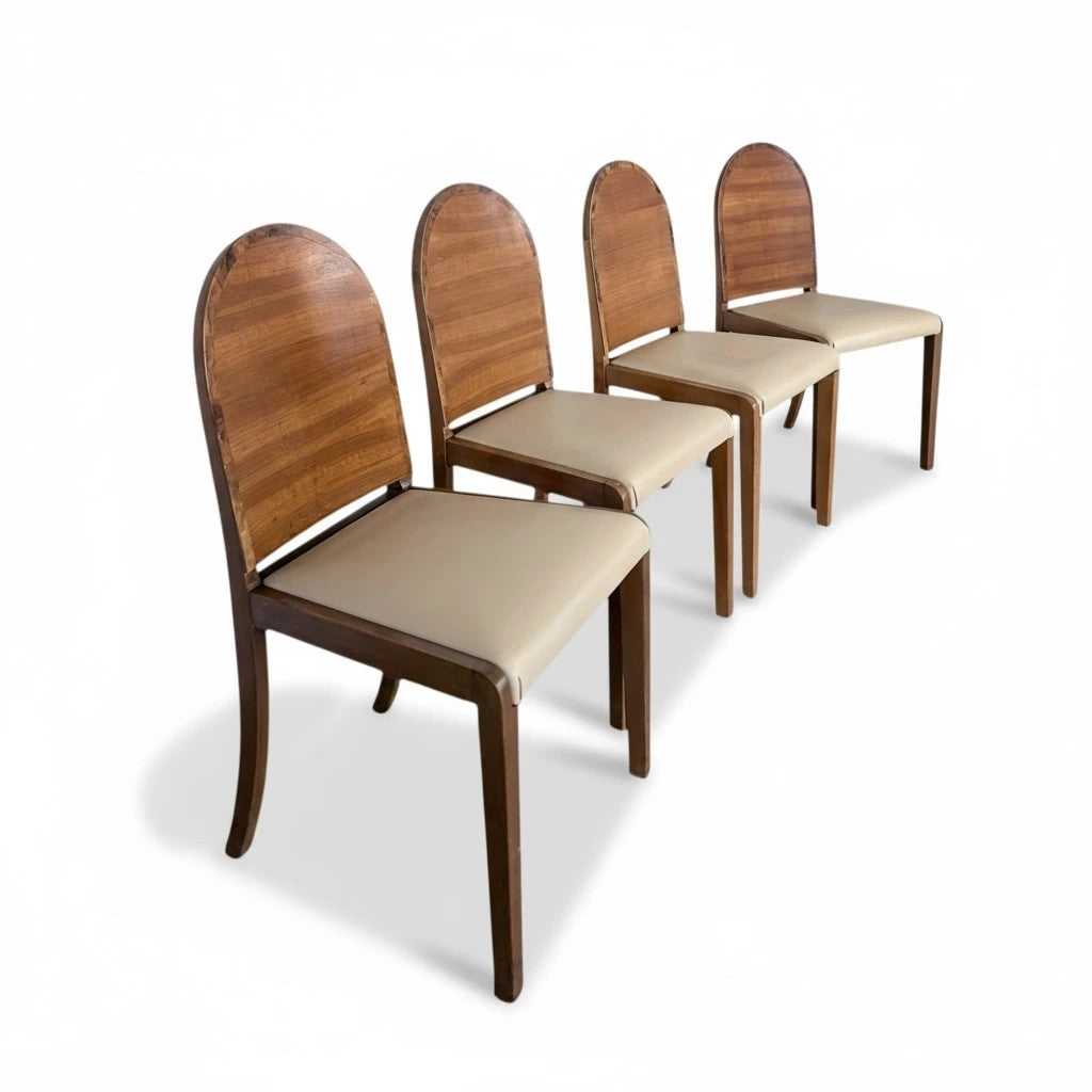 Art Deco Dining Chairs – Walnut Set of Four with Cream Upholstery, Vintage Style