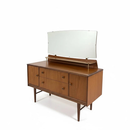 Mid Century Dressing Table | Vintage Teak Vanity with Brass Handles & Mirror