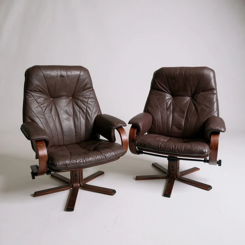Pair of Vintage Brown Leather Reclining Swivel Armchairs – Danish Stressless Style Chairs