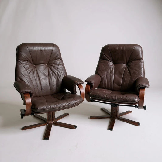Pair of Vintage Brown Leather Reclining Swivel Armchairs – Danish Stressless Style Chairs