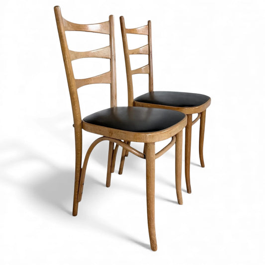 Pair of Bentwood Beech Dining Chairs with Black Vinyl Seats – Mid-Century Style