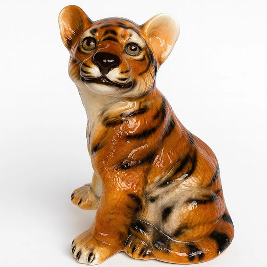 Vintage Italian Ceramic Tiger Cub Figurine – Hand-Painted Mid-Century Modern