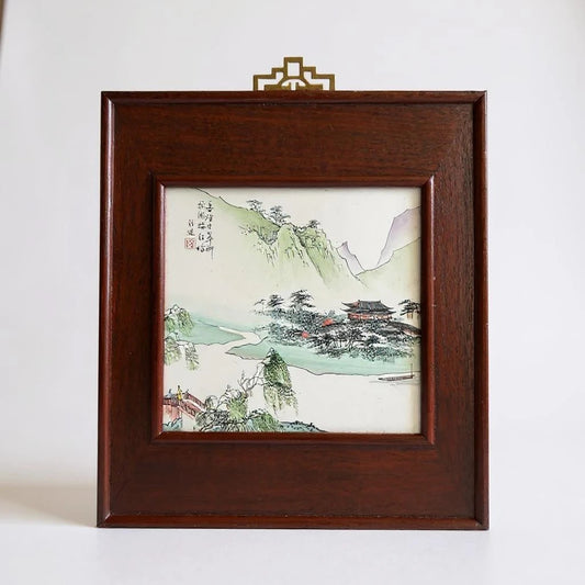 Vintage Chinese Hand-Painted Porcelain Tile Plaque in Rosewood Frame – Scenic Landscape Wall Art