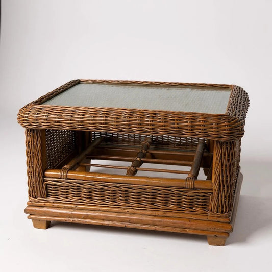 Mid Century Modern Wicker Bamboo Glass Topped Coffee Table